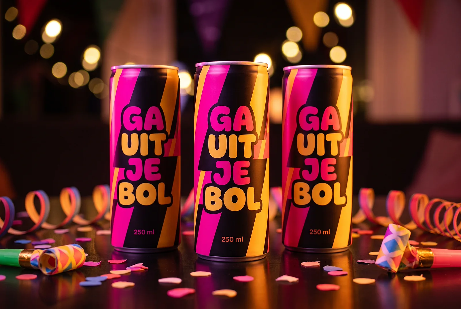 Drie slanke zwarte blikjes van 250 ml met roze en gele strepen en het logo GA UIT JE BOL, op een glanzende donkere tafel tussen confetti, linten en feesttoeters, met wazige lichtjes op de achtergrond