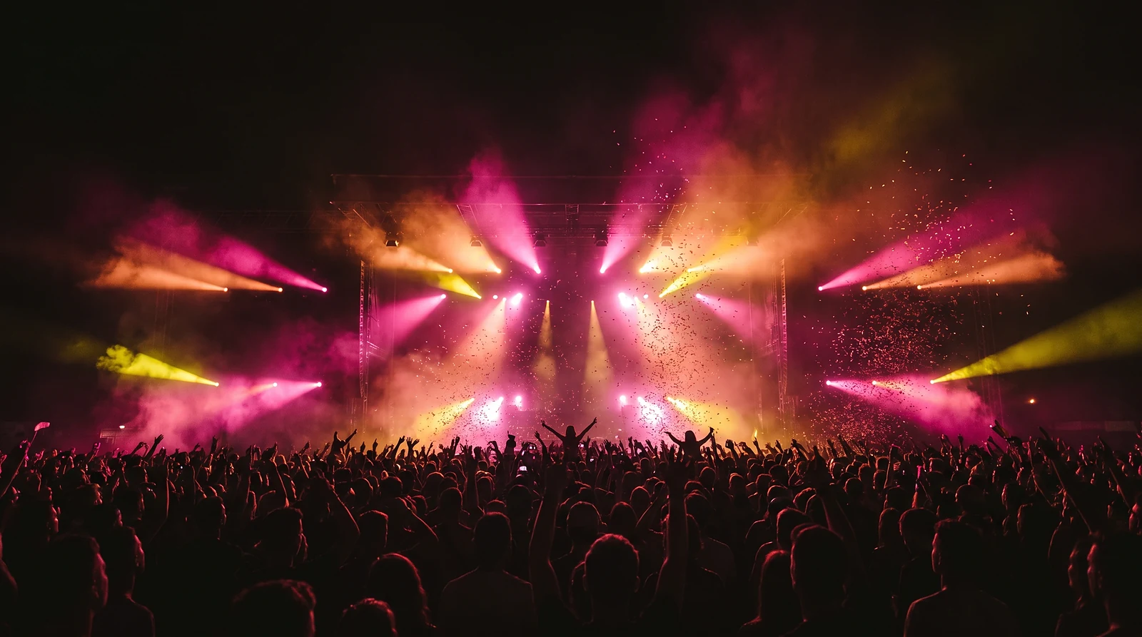 Festivalpubliek van achteren gezien met de handen in de lucht voor een podium vol roze en gele lichtbundels en vallende confetti