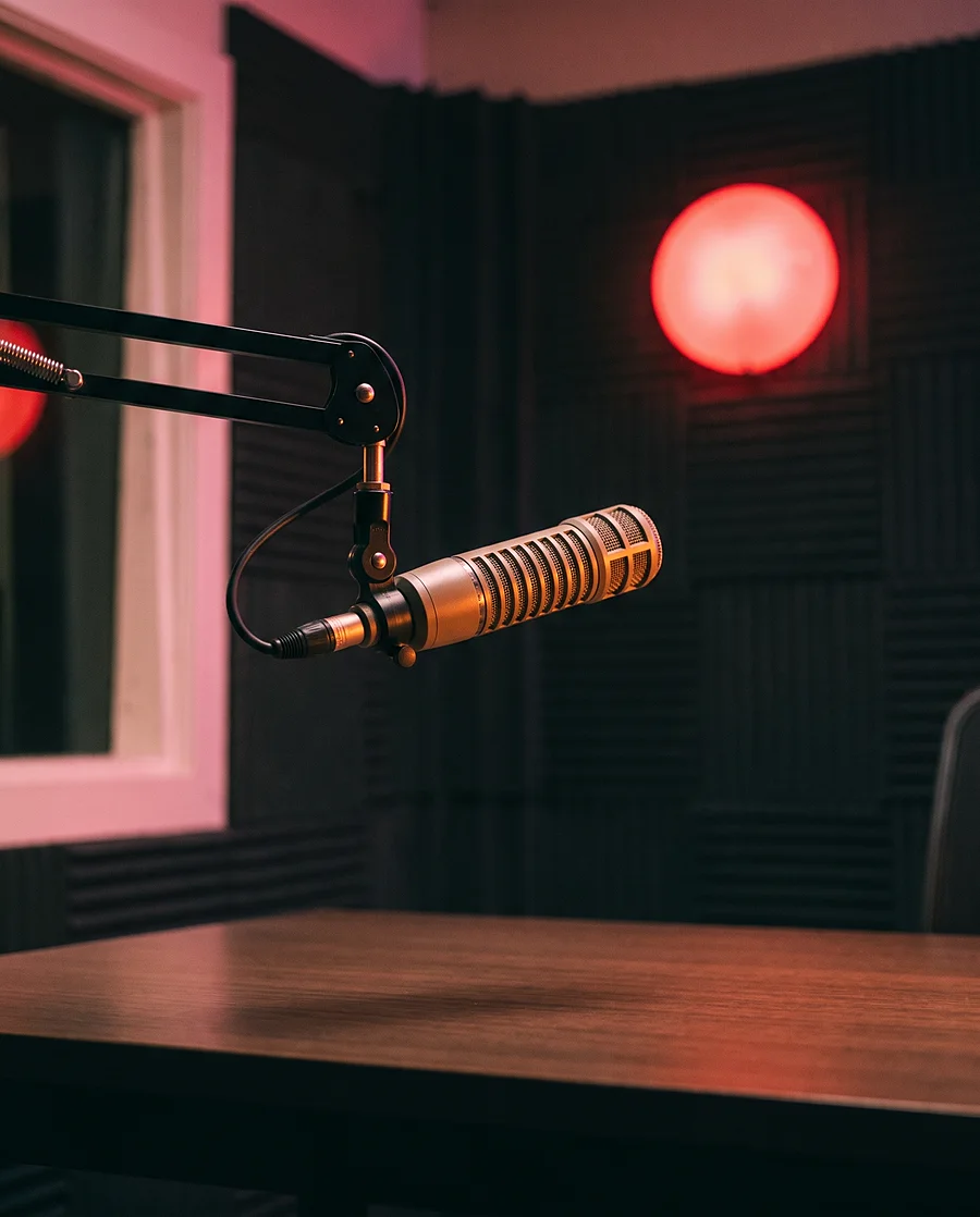 Studiomicrofoon aan een zwenkarm in een kleine, donkere radiostudio met akoestische panelen en een rond rood lampje aan de wand